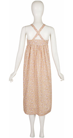 1970s Liberty Cherry Print Crossback Cotton Midi Dress