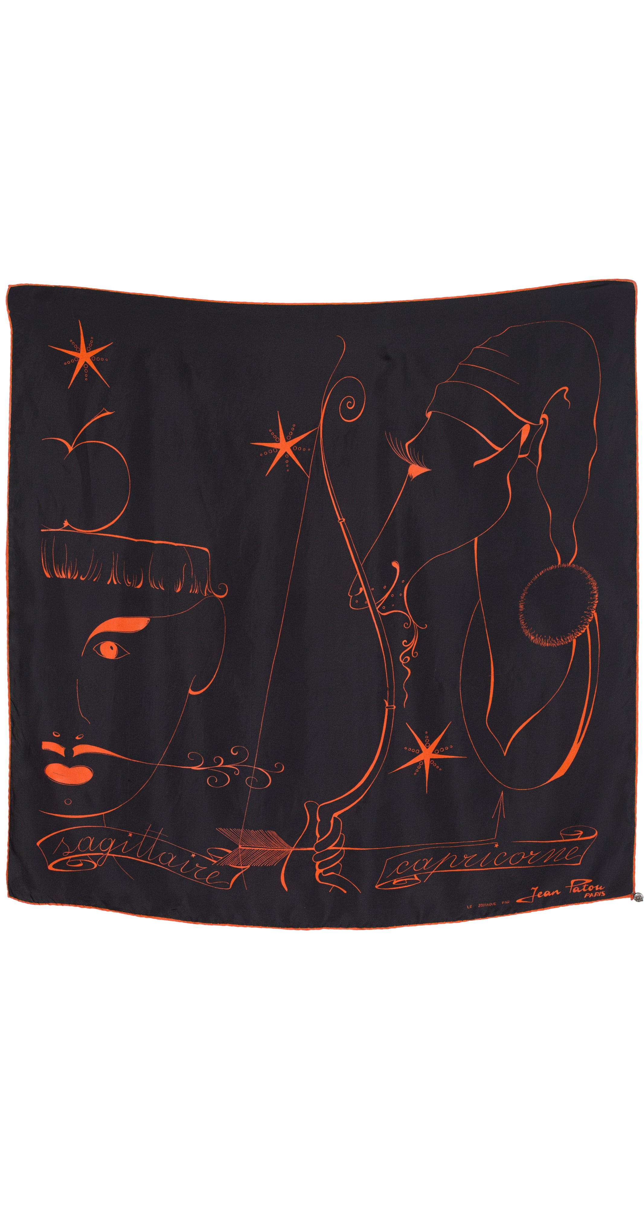 1950s "Le Zodiaque" Orange & Black Silk Twill Scarf