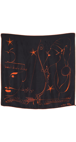 1950s "Le Zodiaque" Orange & Black Silk Twill Scarf