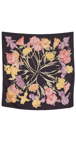 1990s Floral Pastel & Gray Silk Twill Scarf