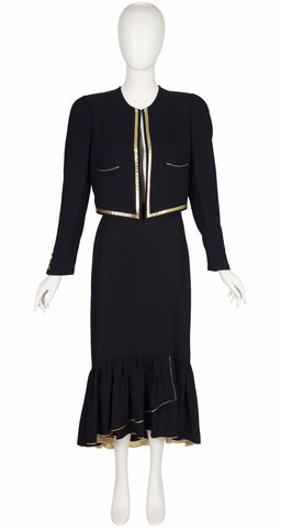 1987 S/S Gold Trim Black Rayon Crepe Jacket & Skirt Set