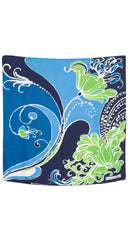 1960s Abstract Floral Print Green & Blue Silk Twill Scarf