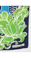1960s Abstract Floral Print Green & Blue Silk Twill Scarf