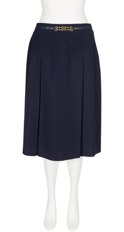 1980s Horsebit Navy Wool Gabardine Pleated Skirt