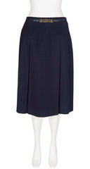 1980s Horsebit Navy Wool Gabardine Pleated Skirt