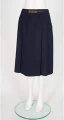 1980s Horsebit Navy Wool Gabardine Pleated Skirt