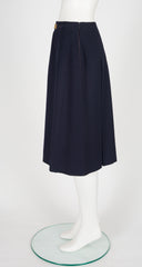 1980s Horsebit Navy Wool Gabardine Pleated Skirt