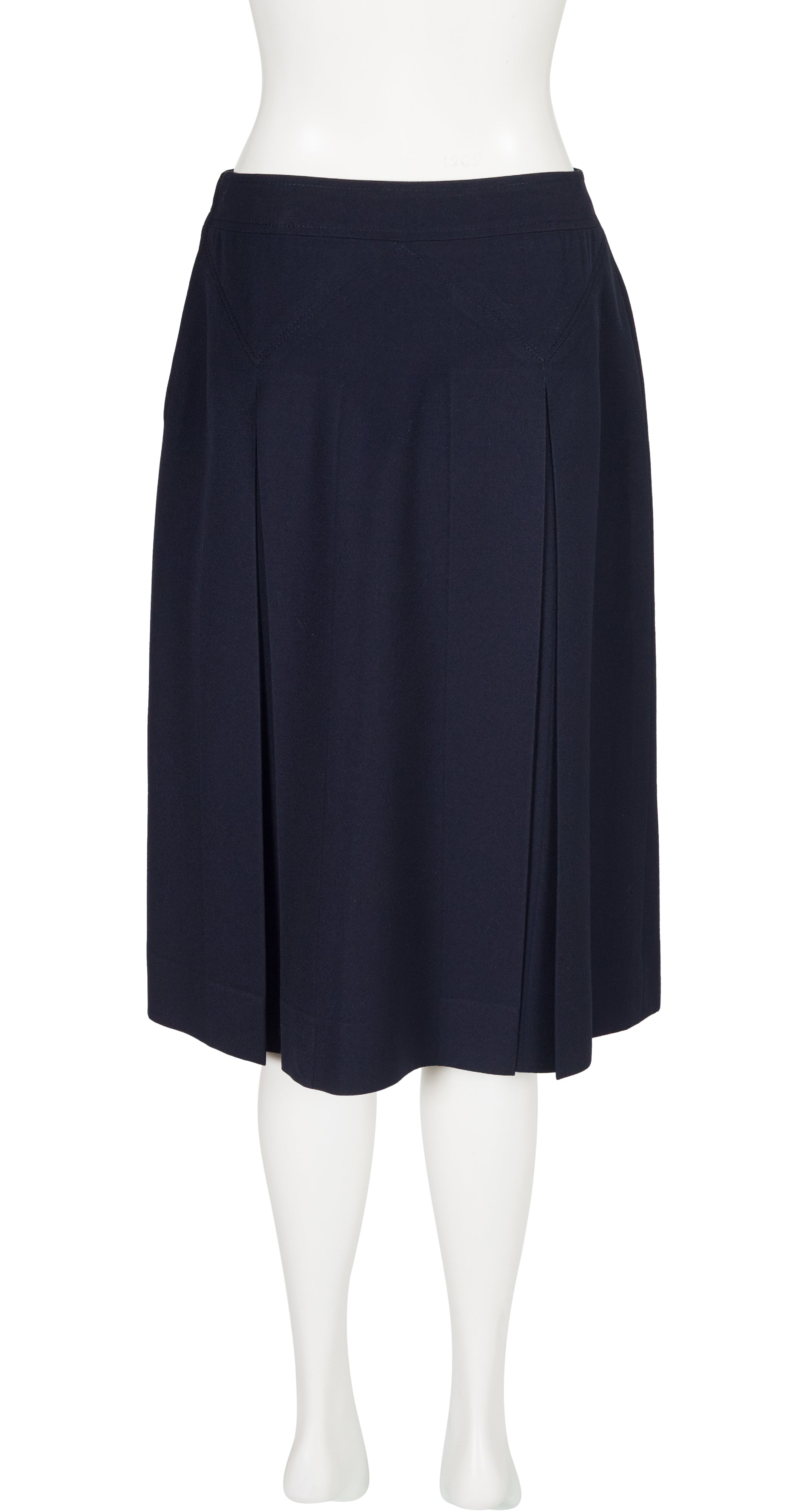 1980s Horsebit Navy Wool Gabardine Pleated Skirt