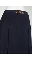 1980s Horsebit Navy Wool Gabardine Pleated Skirt
