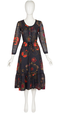 1970s Floral Black Voile Pintuck Midi Dress