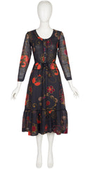 1970s Floral Black Voile Pintuck Midi Dress