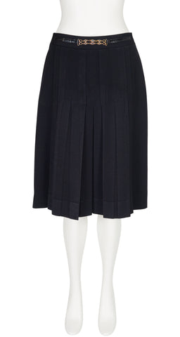 1980s Chainlink Black Wool Gabardine Pleated Skirt
