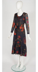 1970s Floral Black Voile Pintuck Midi Dress