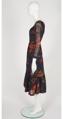 1970s Floral Black Voile Pintuck Midi Dress
