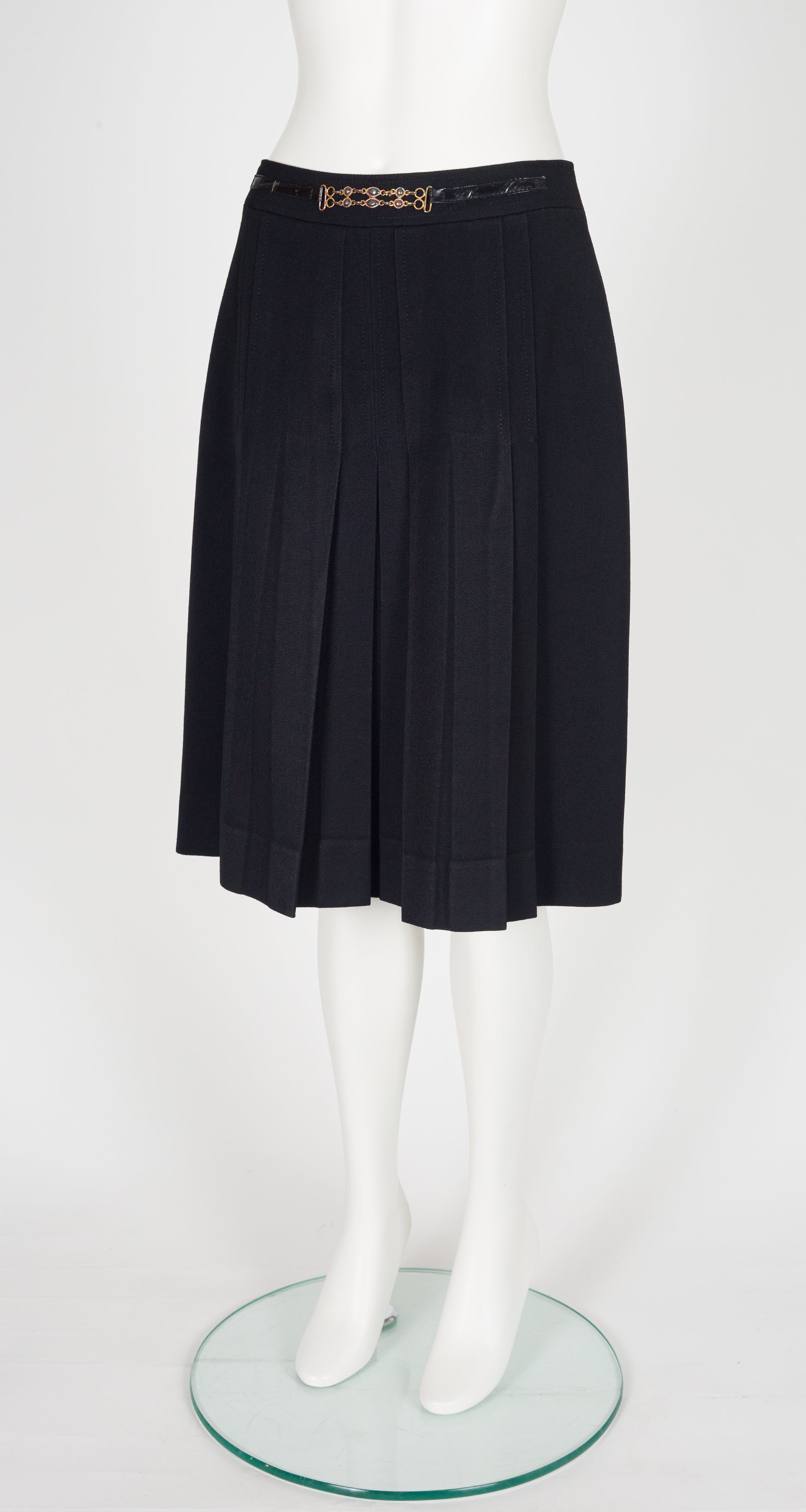 1980s Chainlink Black Wool Gabardine Pleated Skirt