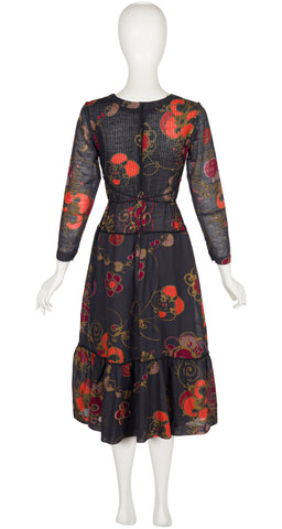 1970s Floral Black Voile Pintuck Midi Dress