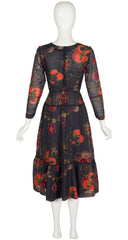 1970s Floral Black Voile Pintuck Midi Dress