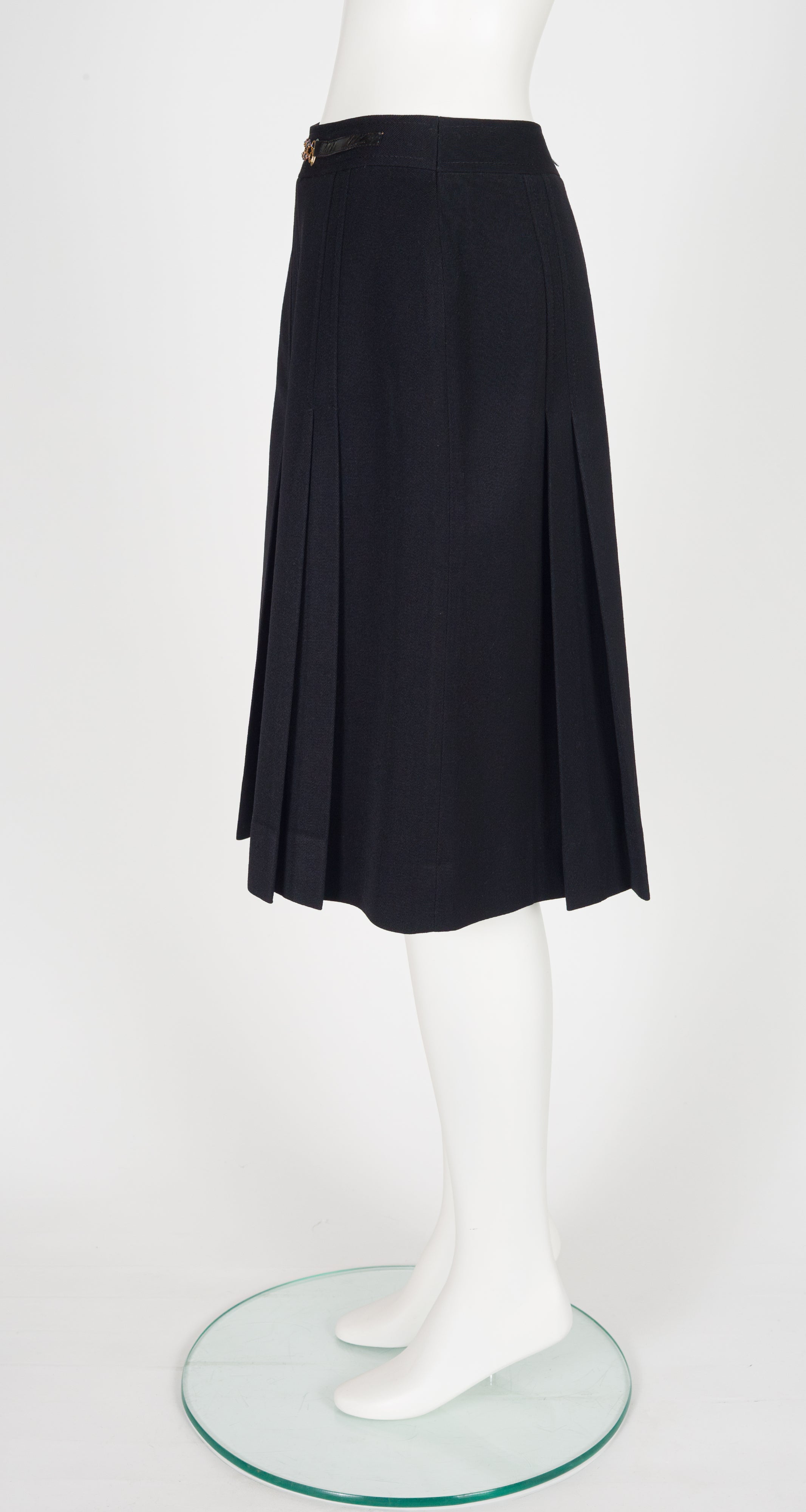 1980s Chainlink Black Wool Gabardine Pleated Skirt