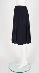 1980s Chainlink Black Wool Gabardine Pleated Skirt
