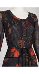 1970s Floral Black Voile Pintuck Midi Dress