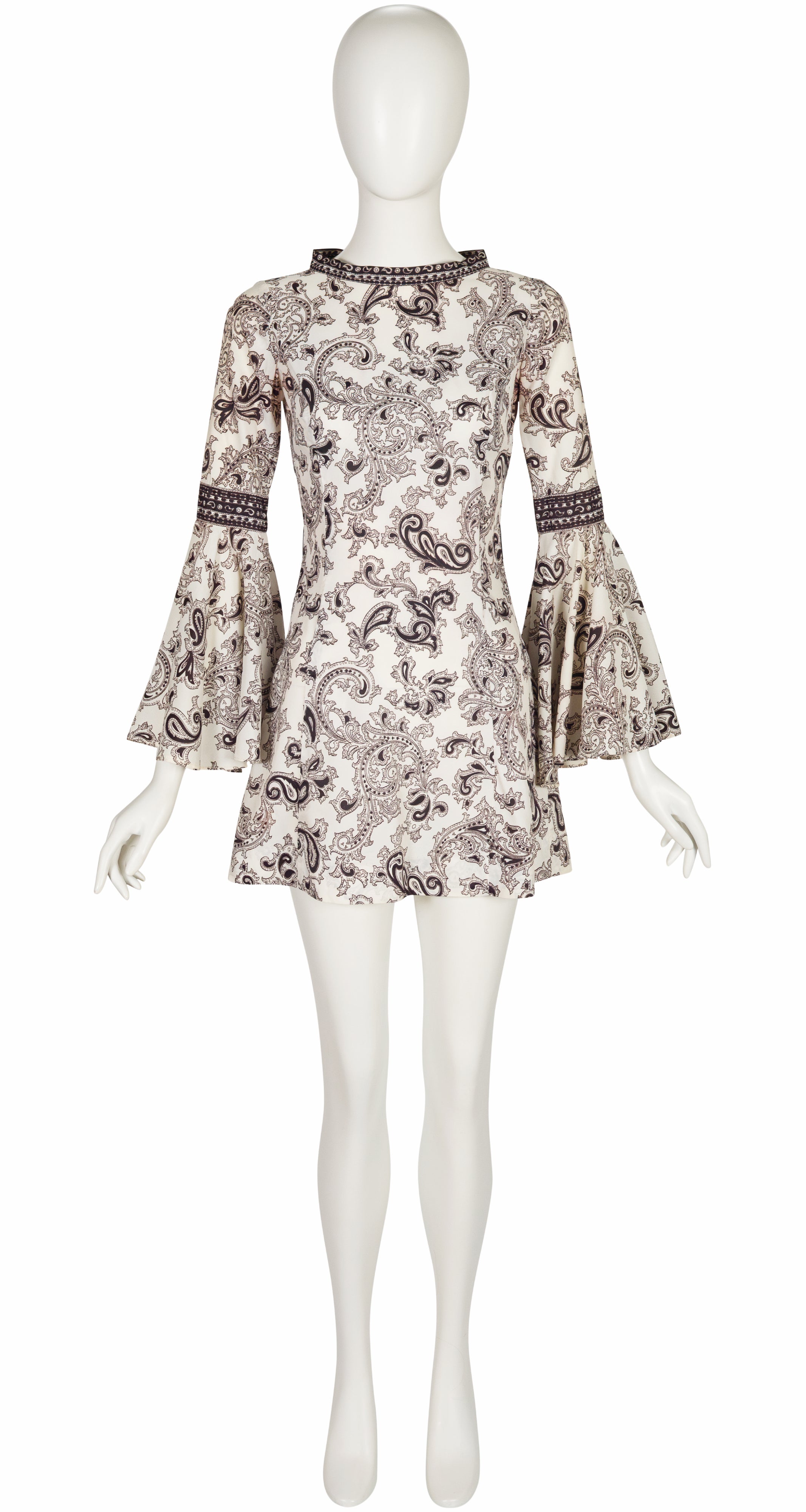 1960s Paisley Print White Trumpet Sleeve Mini Dress