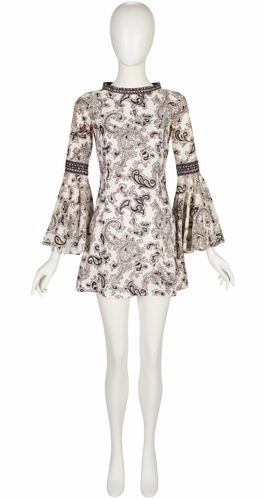 bell sleeve mini dress 70s Aristos London 1960s Paisley Print White Trumpet Sleeve Mini Dress –  Featherstone Vintage