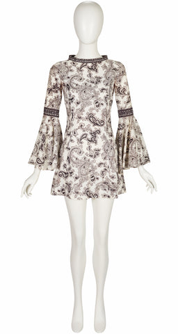 1960s Paisley Print White Trumpet Sleeve Mini Dress