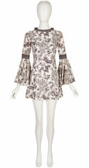 1960s Paisley Print White Trumpet Sleeve Mini Dress