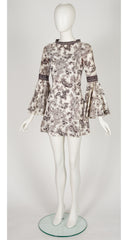 1960s Paisley Print White Trumpet Sleeve Mini Dress