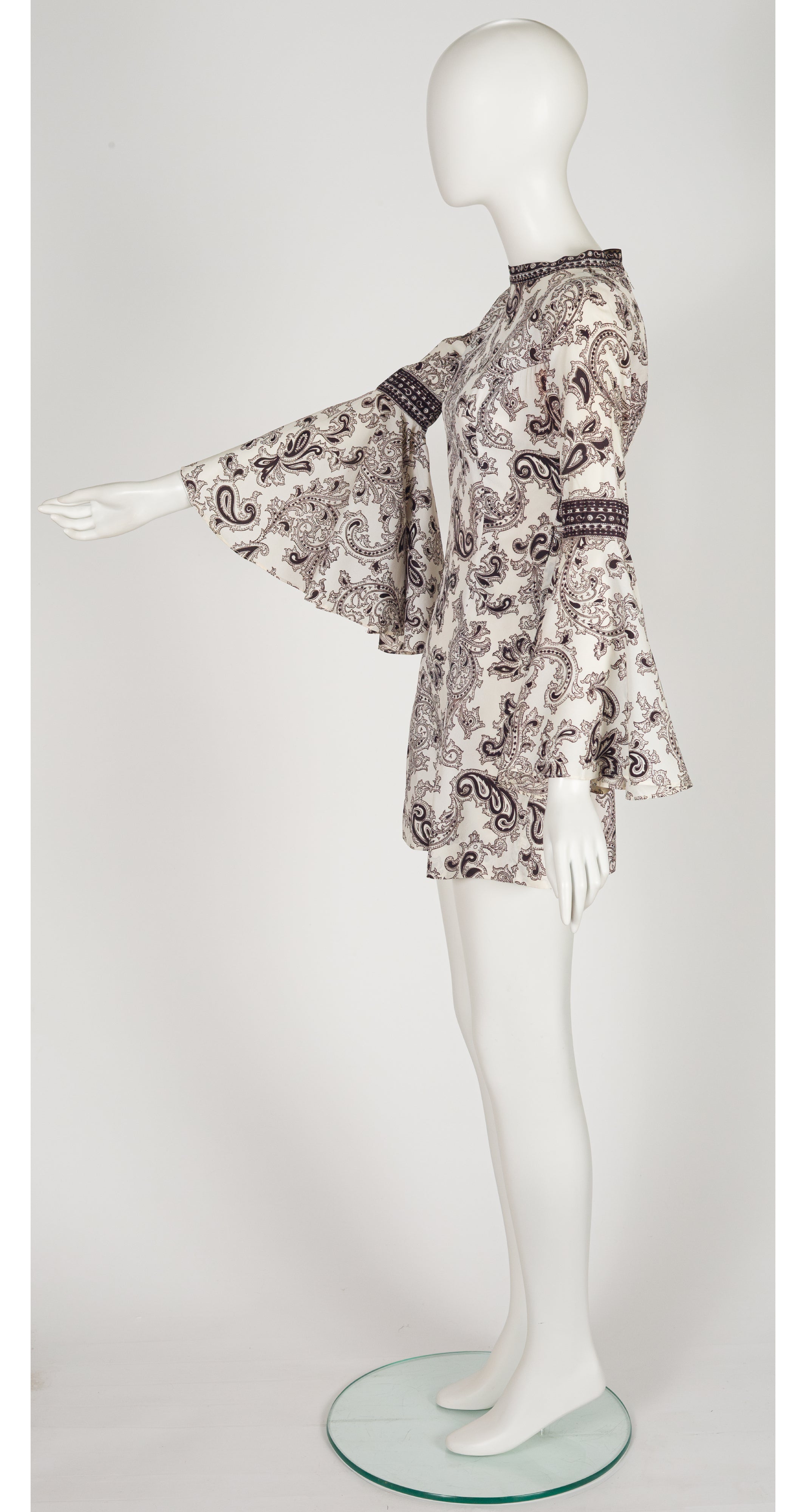 1960s Paisley Print White Trumpet Sleeve Mini Dress