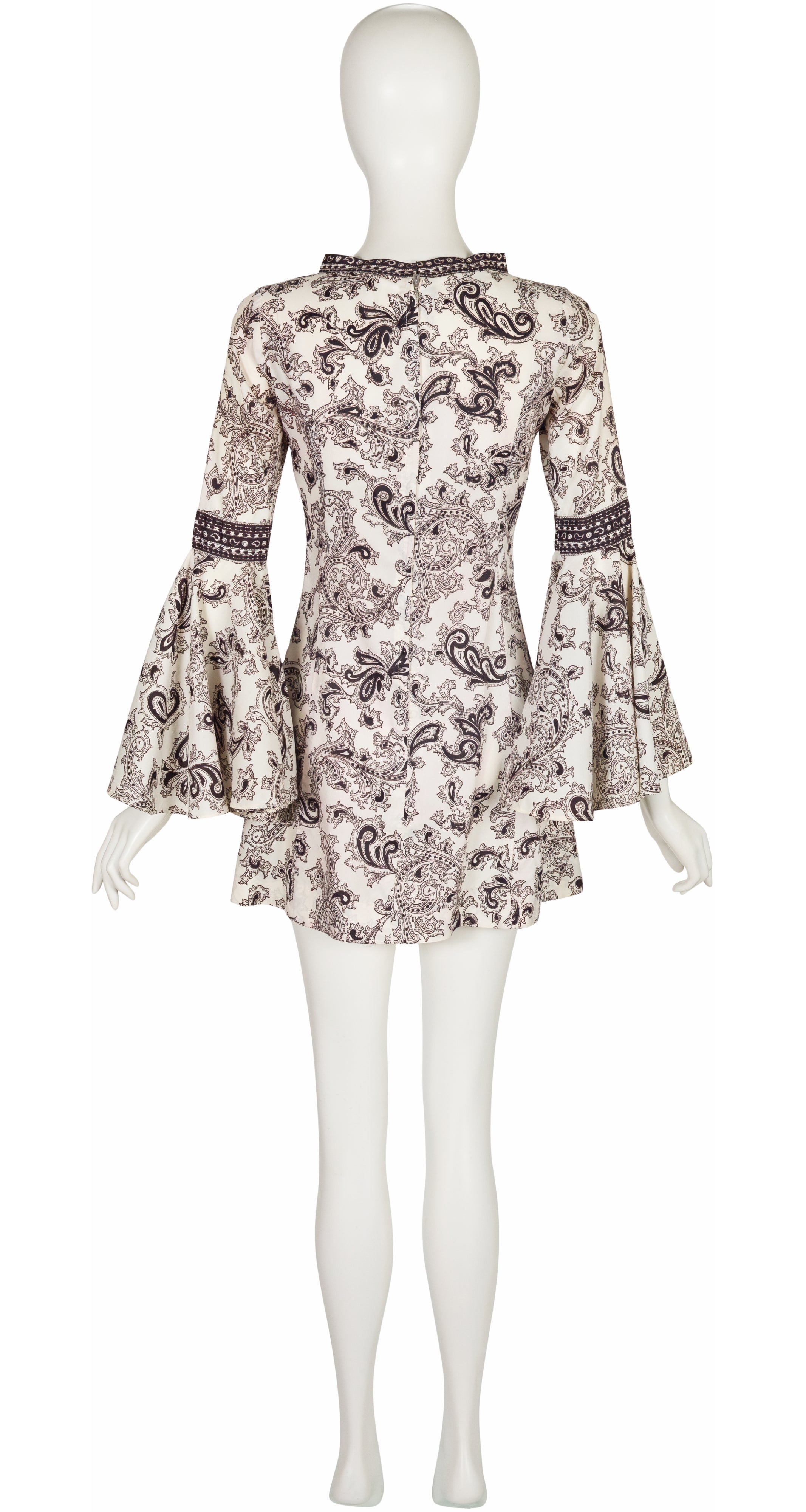 1960s Paisley Print White Trumpet Sleeve Mini Dress
