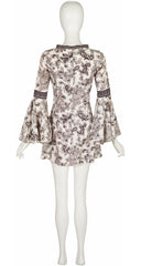 1960s Paisley Print White Trumpet Sleeve Mini Dress