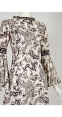 1960s Paisley Print White Trumpet Sleeve Mini Dress