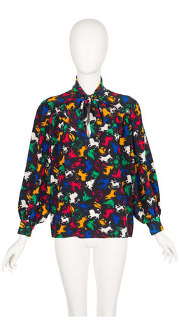 1982 S/S Zodiac Sign Print Black Silk Tie-Neck Blouse