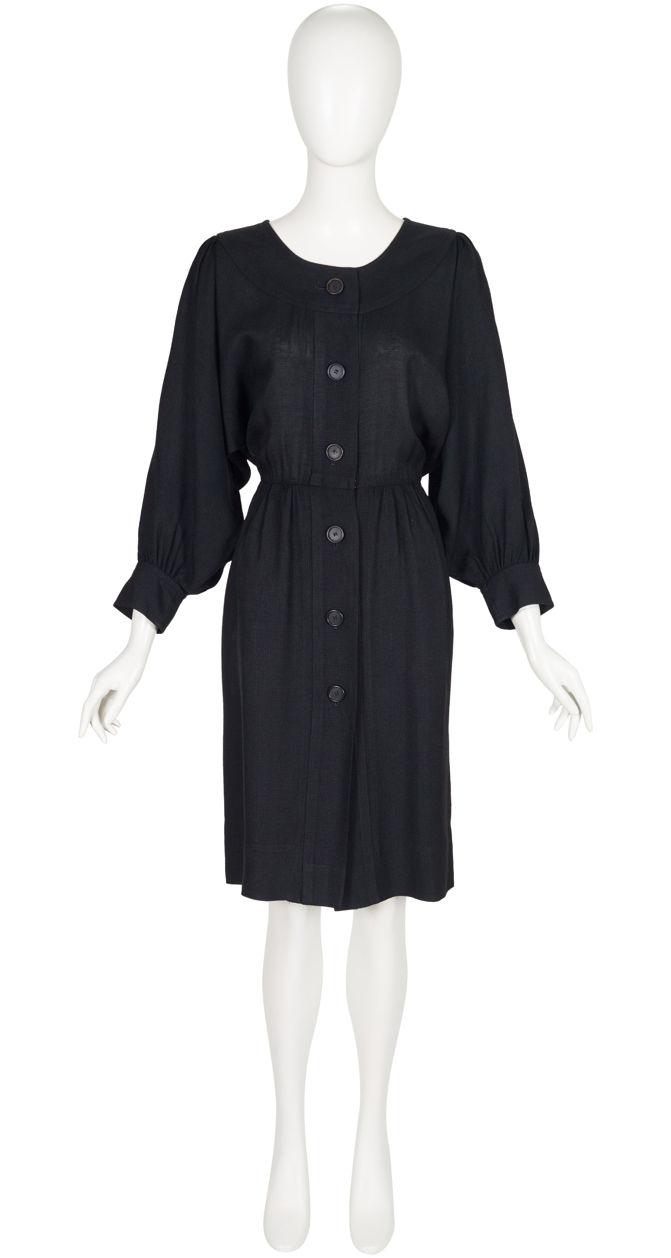 1980s Black Linen Dolman Sleeve Peasant Dress