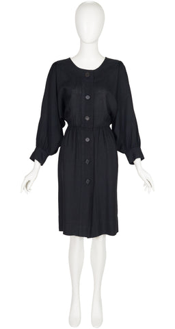 1980s Black Linen Dolman Sleeve Peasant Dress