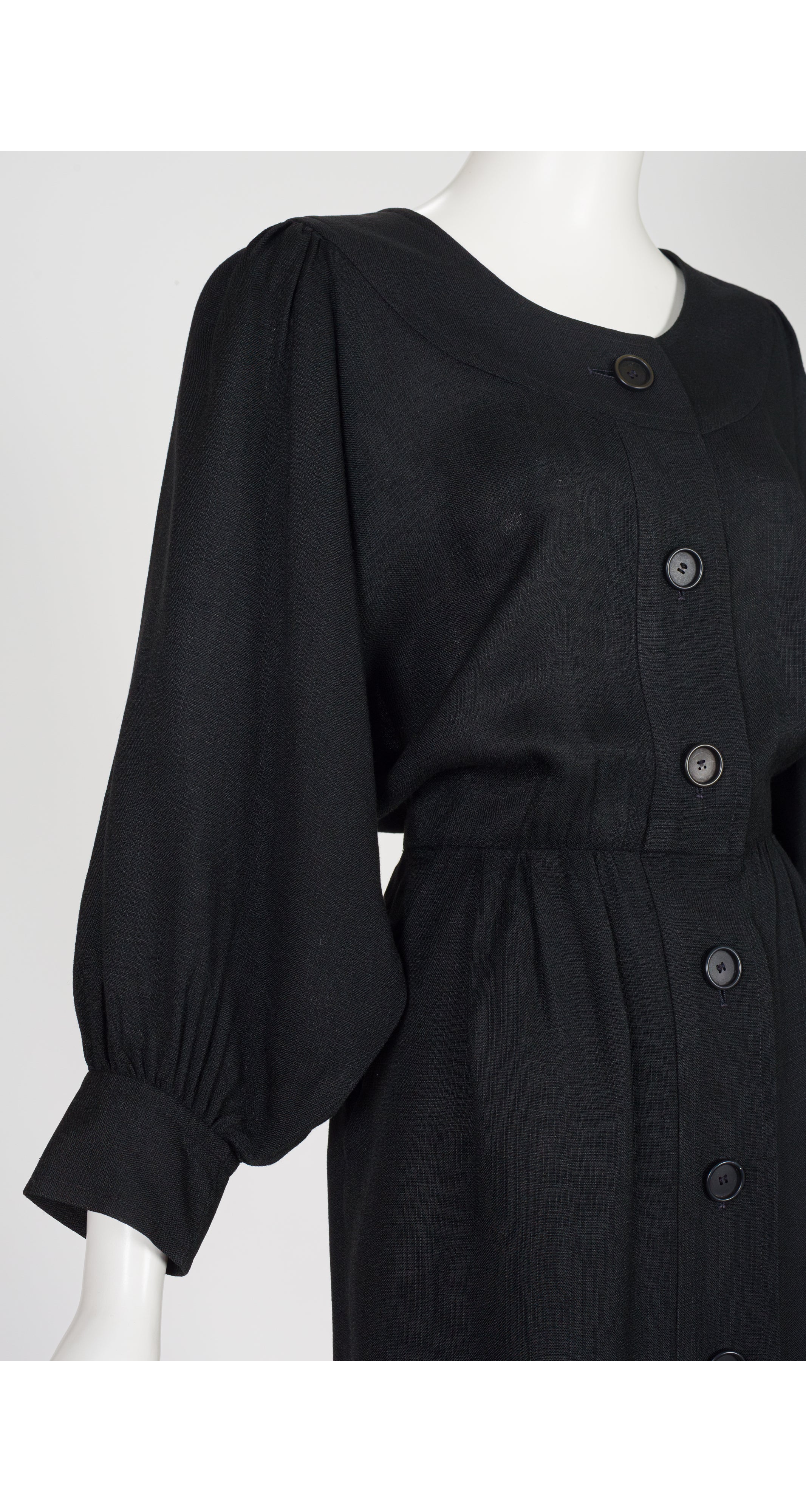 1980s Black Linen Dolman Sleeve Peasant Dress