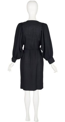 1980s Black Linen Dolman Sleeve Peasant Dress