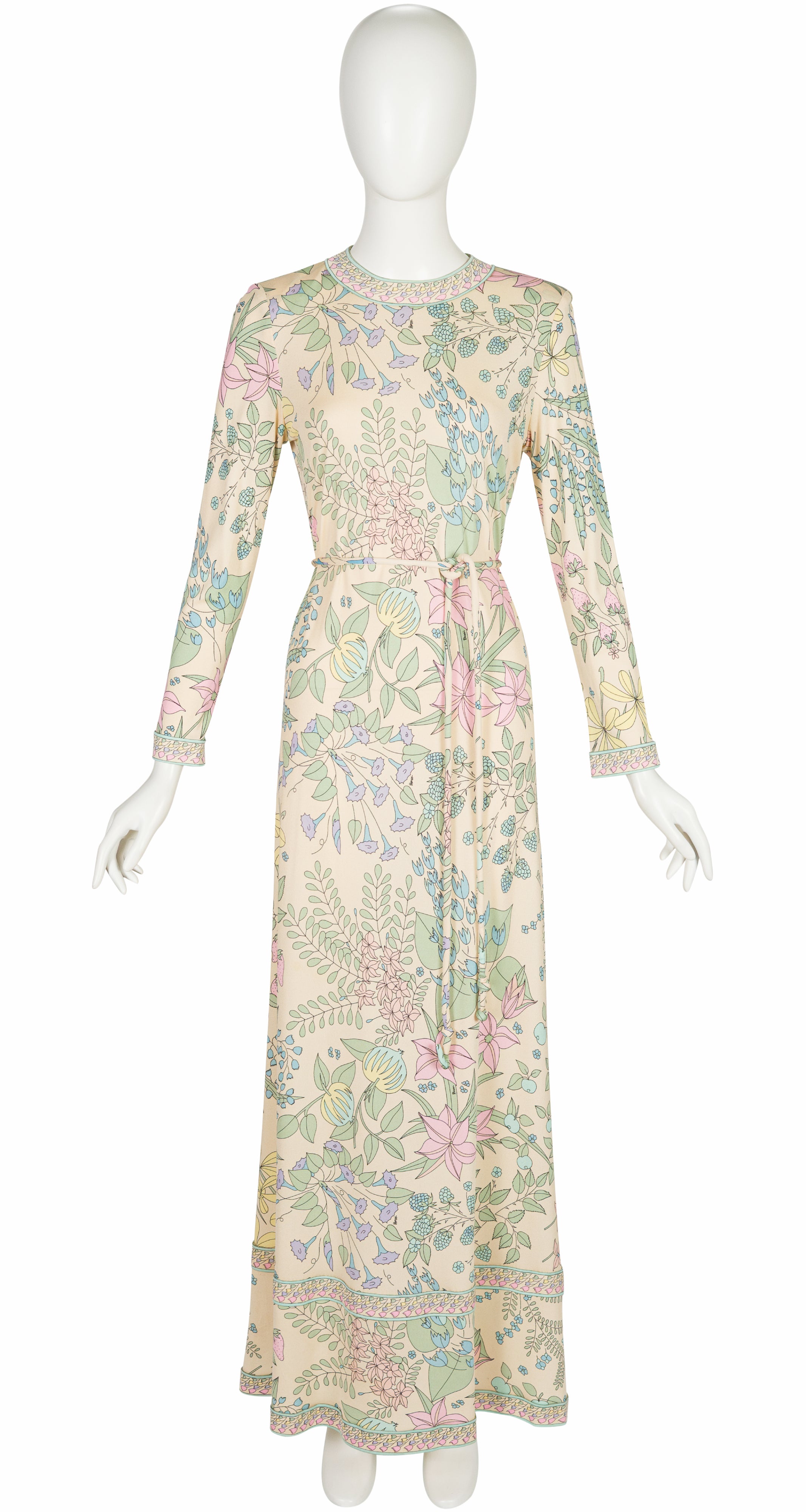 1970s Pastel Floral Berry Print Silk Jersey Maxi Dress