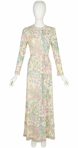 1970s Pastel Floral Berry Print Silk Jersey Maxi Dress
