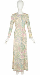 1970s Pastel Floral Berry Print Silk Jersey Maxi Dress
