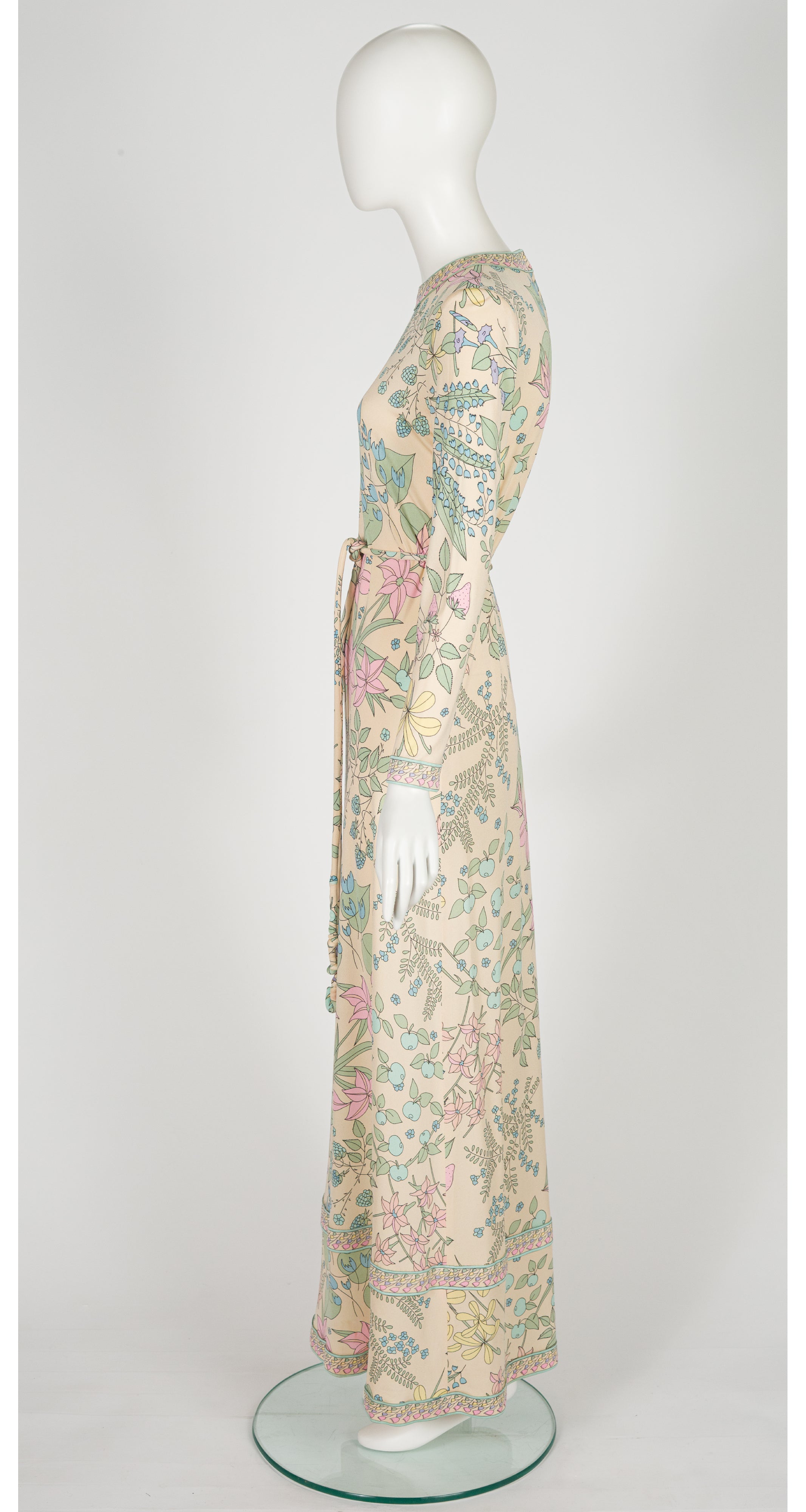 1970s Pastel Floral Berry Print Silk Jersey Maxi Dress