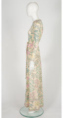 1970s Pastel Floral Berry Print Silk Jersey Maxi Dress