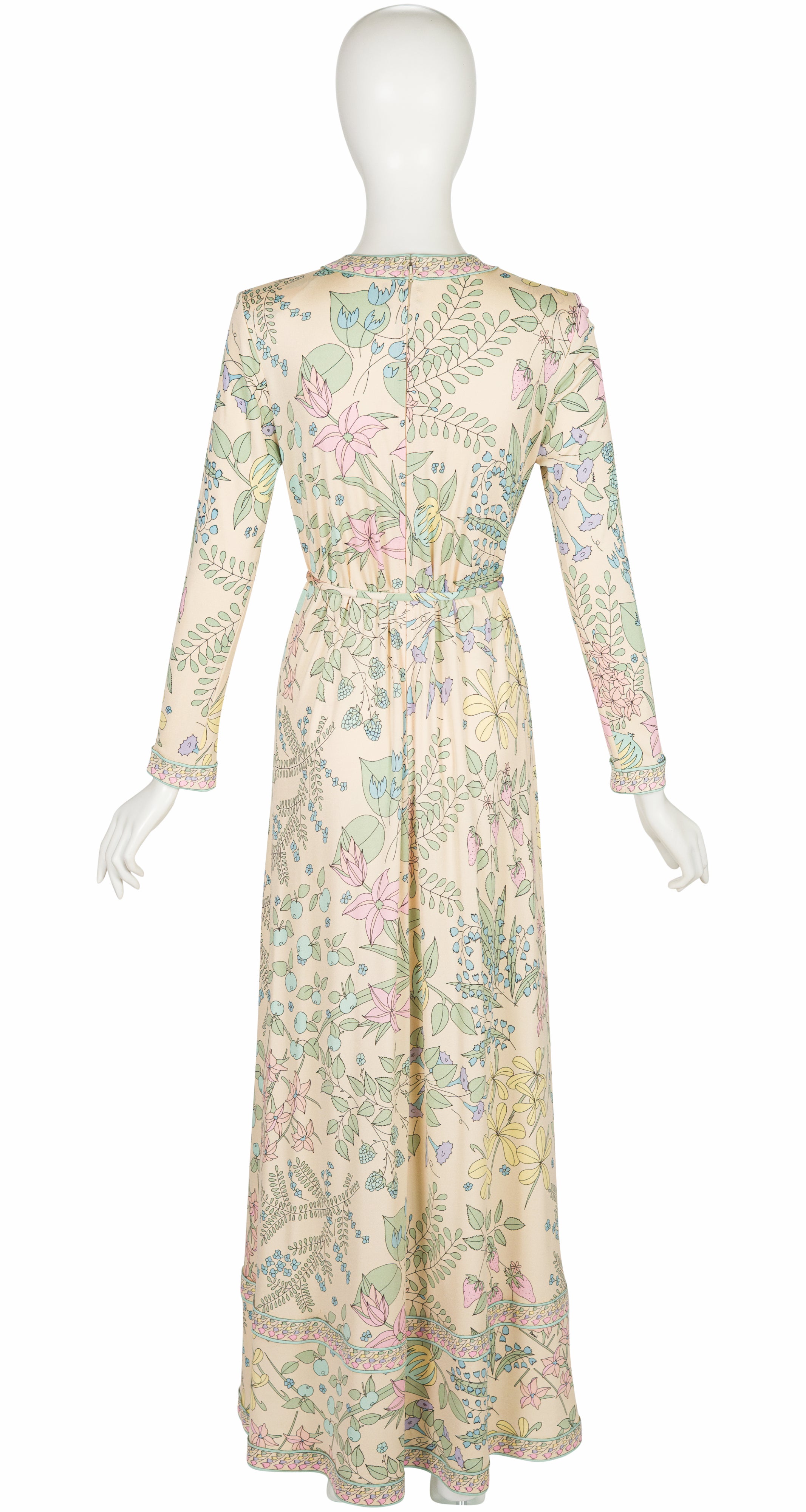 1970s Pastel Floral Berry Print Silk Jersey Maxi Dress