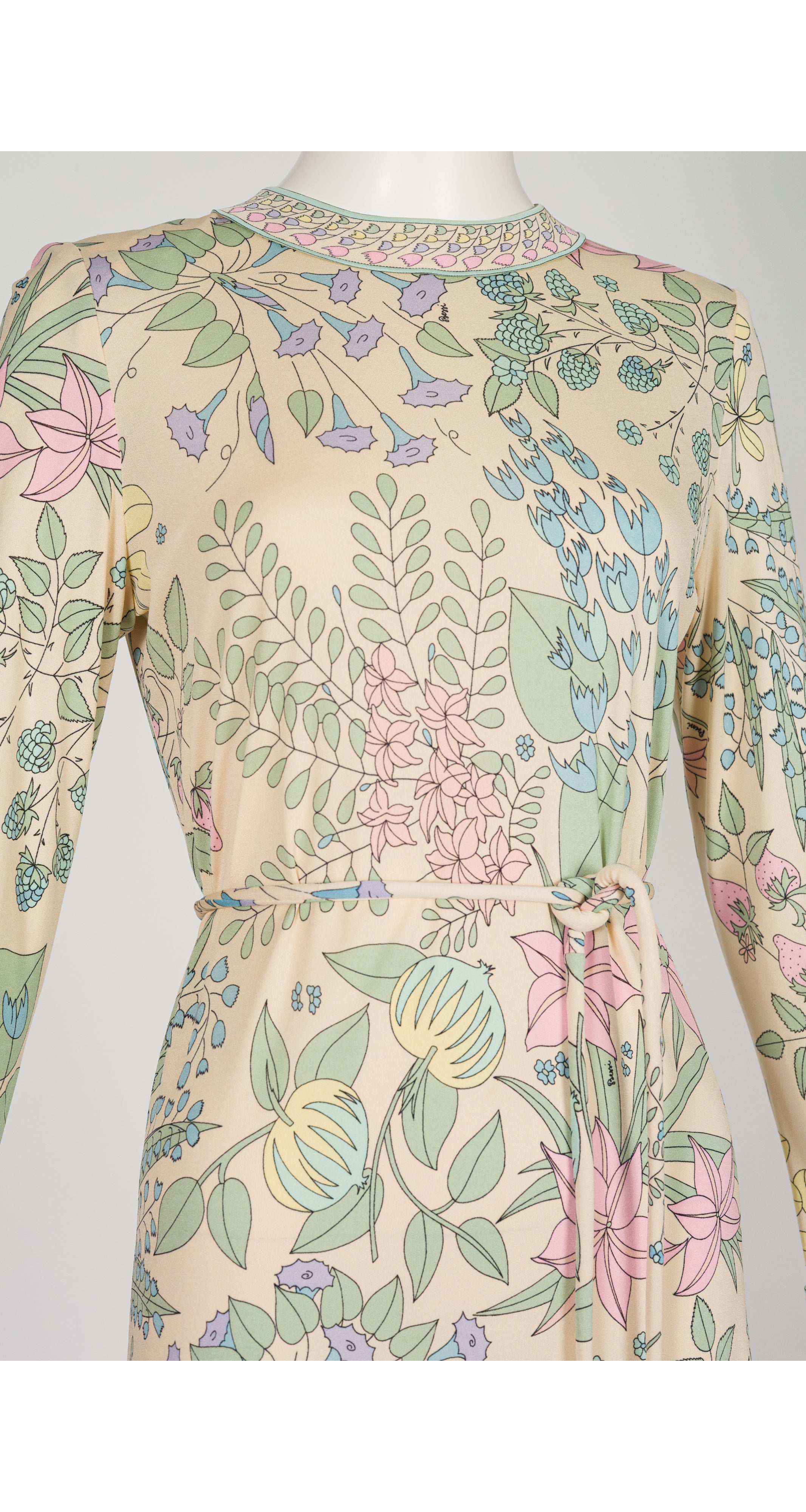 1970s Pastel Floral Berry Print Silk Jersey Maxi Dress