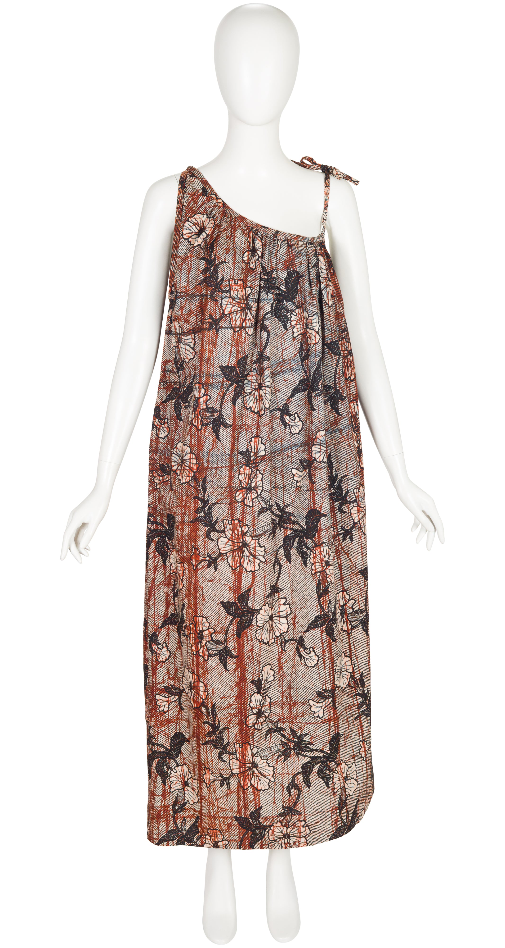 1977 S/S Batik Print Cotton One-Shoulder Maxi Dress