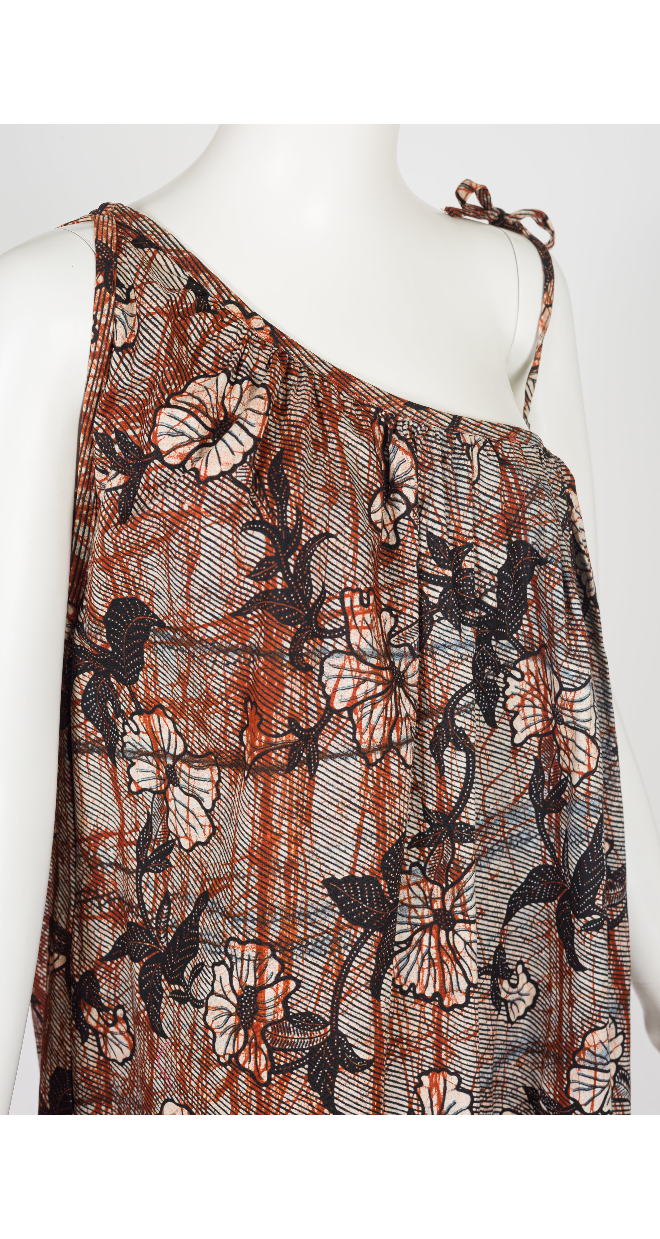 1977 S/S Batik Print Cotton One-Shoulder Maxi Dress