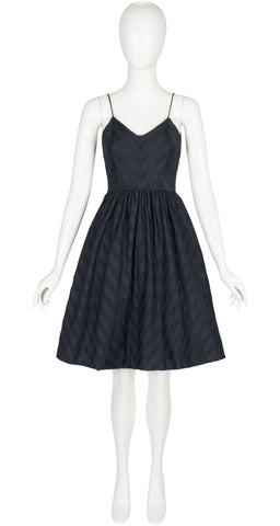 1970s Black Chevron Cotton Fit & Flare Sleeveless Dress