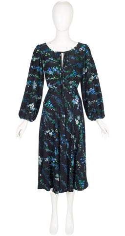 1977 S/S Blue & Black Floral Print Silk Peasant Set