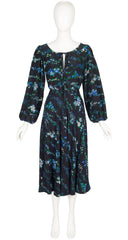 1977 S/S Blue & Black Floral Print Silk Peasant Set
